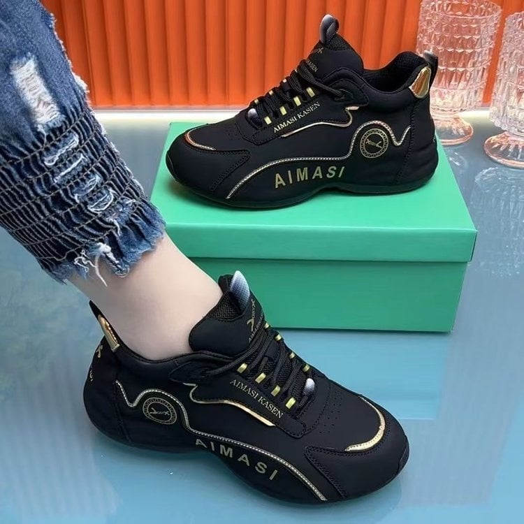 Дамски спортни обувки за ходене с дебела подметка, PU горна част, резинова подметка, предно връзване, височина на тока 3–5 см