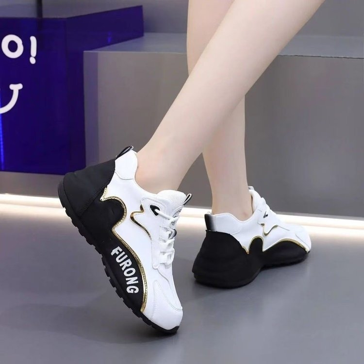 Дамски спортни обувки за ходене с дебела подметка, PU горна част, резинова подметка, предно връзване, височина на тока 3–5 см