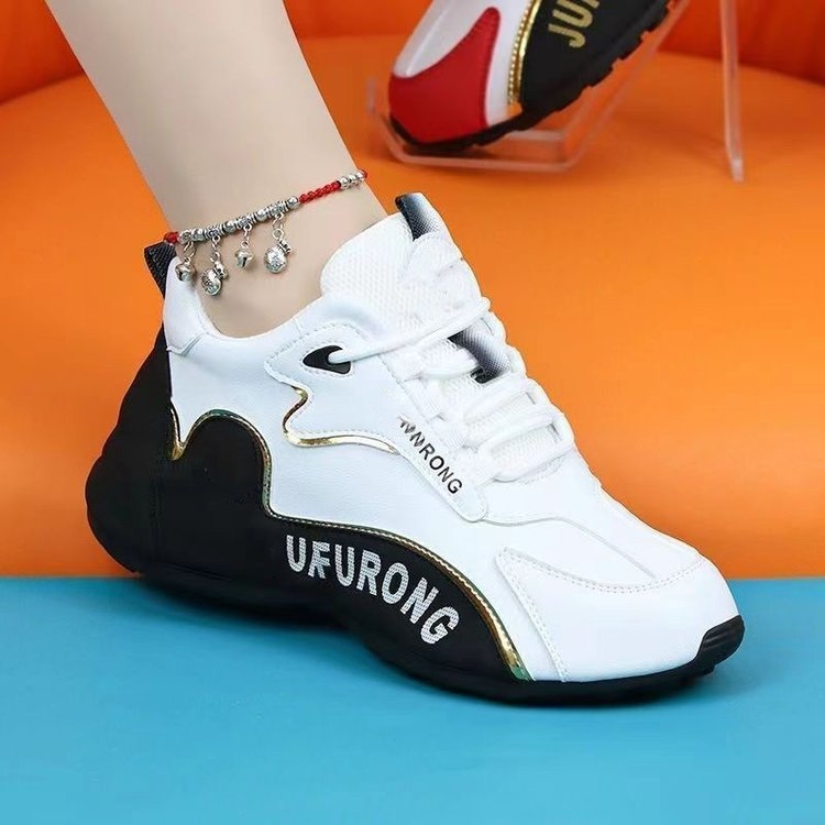 Дамски спортни обувки за ходене с дебела подметка, PU горна част, резинова подметка, предно връзване, височина на тока 3–5 см