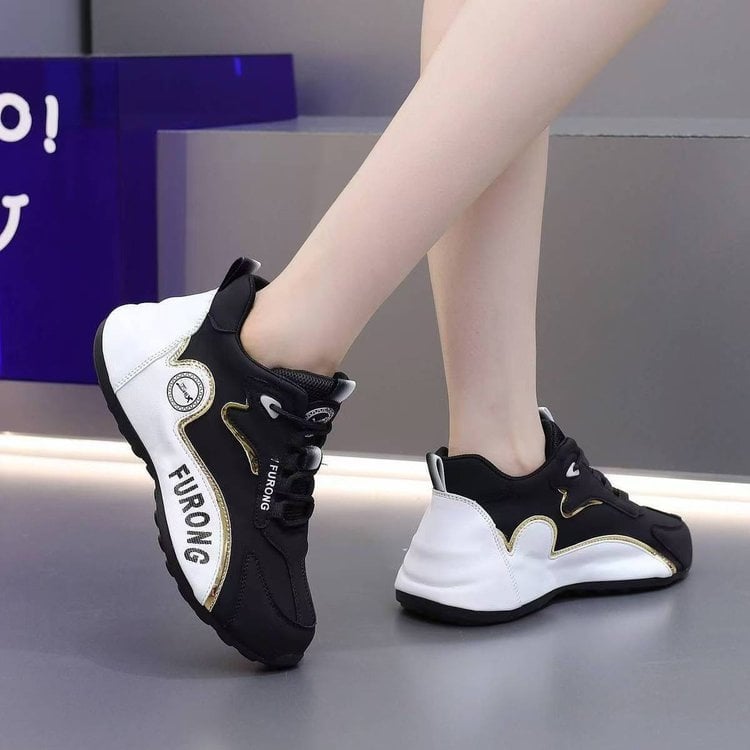 Дамски спортни обувки за ходене с дебела подметка, PU горна част, резинова подметка, предно връзване, височина на тока 3–5 см