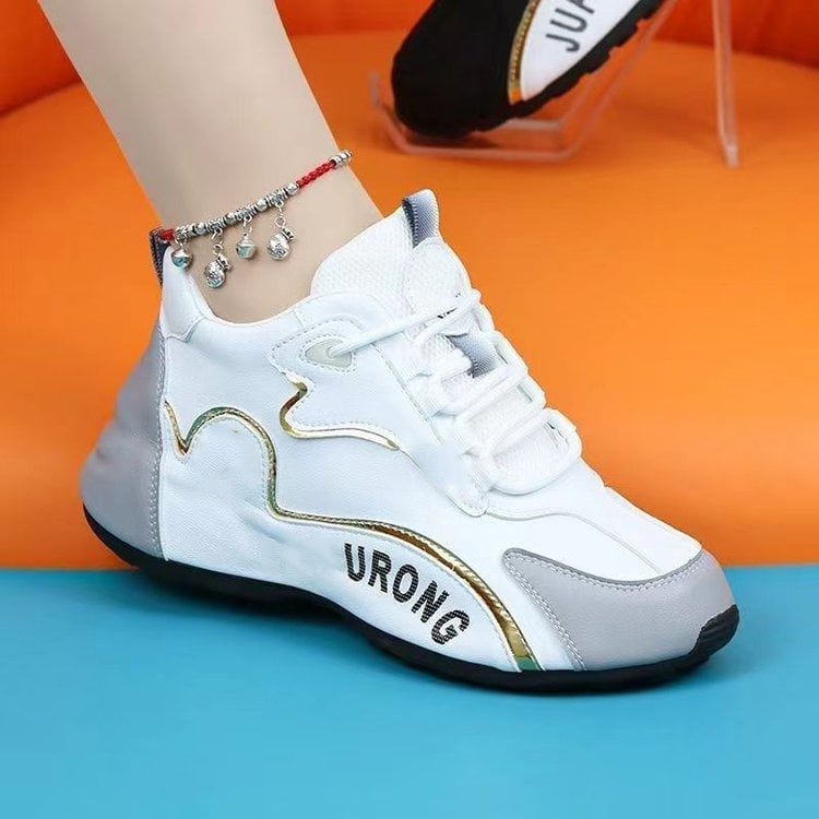 Дамски спортни обувки за ходене с дебела подметка, PU горна част, резинова подметка, предно връзване, височина на тока 3–5 см