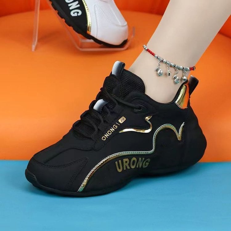 Дамски спортни обувки за ходене с дебела подметка, PU горна част, резинова подметка, предно връзване, височина на тока 3–5 см