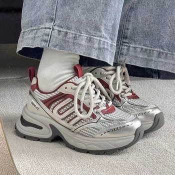 Pantofi sport femei din piele naturală, talpă groasă, vârf rotund, talpă din spumă, închidere cu șireturi în față