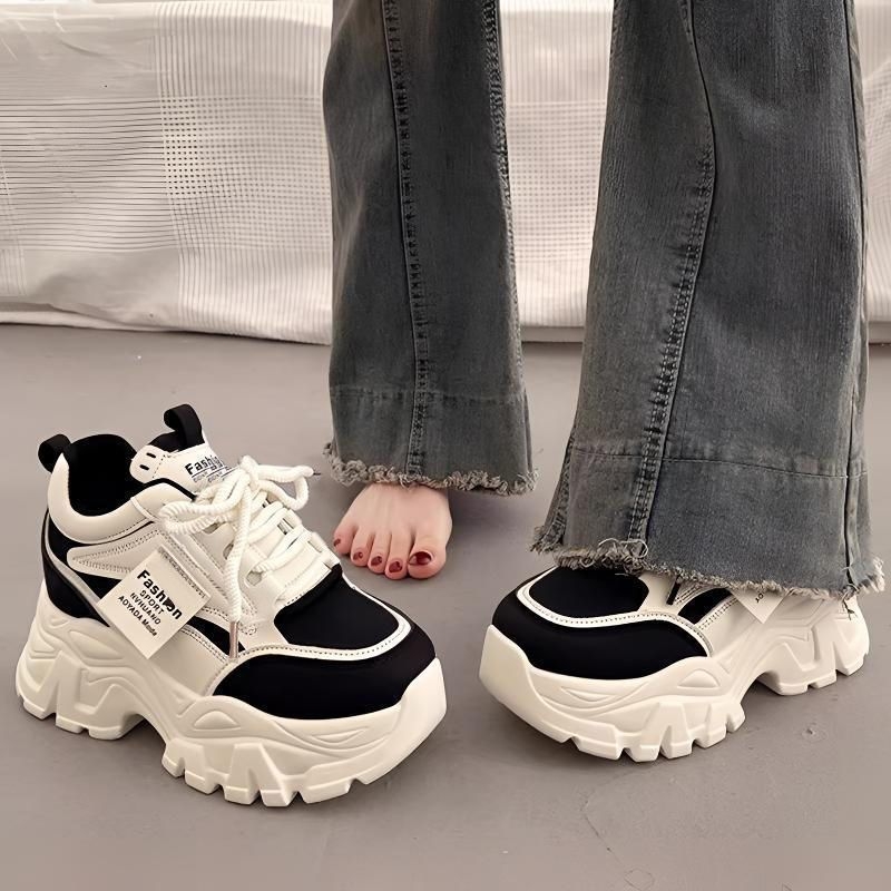 Дамски обувки в стил dad shoes с висока платформа – PU+мрежесто горно покритие, ток 3–5 см, инжекционно оформена подметка, дишащи, връзки