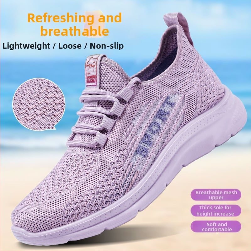 Женски маратонки: дишаща Fly-knit мрежеста горна част, лека PU подметка, предно закопчаване с лента, закрълен нос, нисък профил