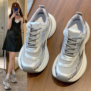 Дамски маратонки с дебела подметка, PU+мрежеста горна част, закопчаване с връзки, гумирана подметка, 3–5 см височина на петата, подходящи за всички сезони