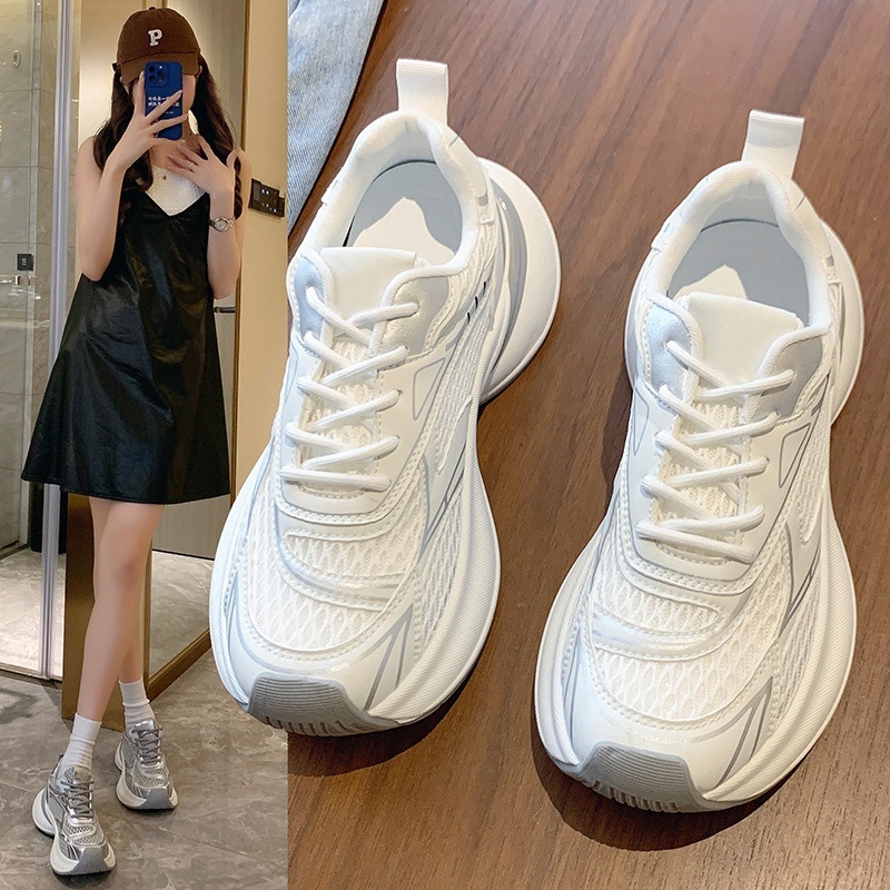 Дамски маратонки с дебела подметка, PU+мрежеста горна част, закопчаване с връзки, гумирана подметка, 3–5 см височина на петата, подходящи за всички сезони