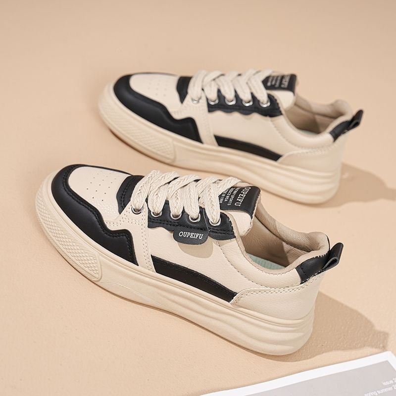 Дамски PU кожени обувки за свободното време с гумена подметка, връзки, дишаща мрежеста подплата, EVA стелка, нисък ток 1–3 см