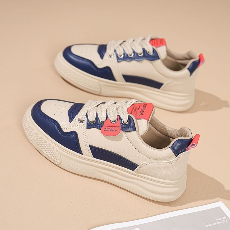 Дамски PU кожени обувки за свободното време с гумена подметка, връзки, дишаща мрежеста подплата, EVA стелка, нисък ток 1–3 см