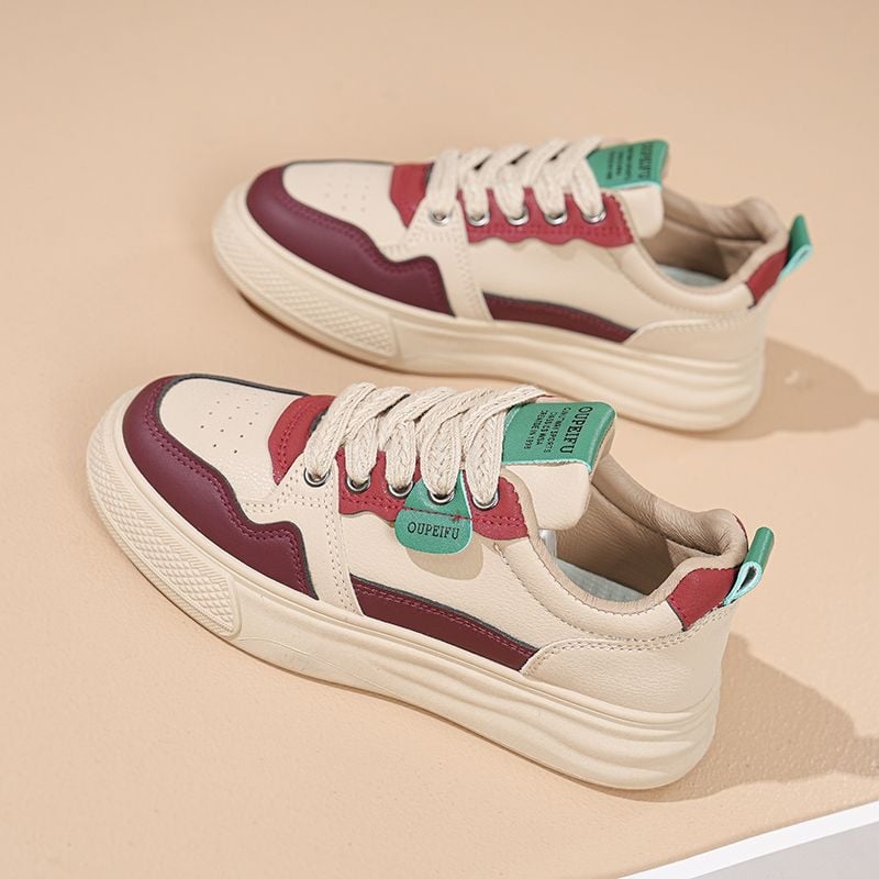 Дамски PU кожени обувки за свободното време с гумена подметка, връзки, дишаща мрежеста подплата, EVA стелка, нисък ток 1–3 см