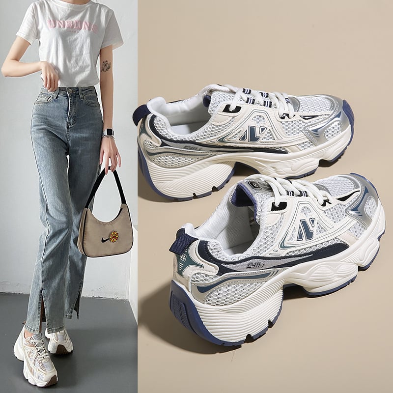 Дамски обувки в стил dad shoes с PU горна част от мрежеста материя, инжекционна подметка, с кръгъл нос, нисък връх, дишащ вътрешен слой, модел L1001