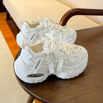 Дамски маратонки с дебела подметка, PU+мрежеста горна част, инжекционно формована подметка от гума, връзки