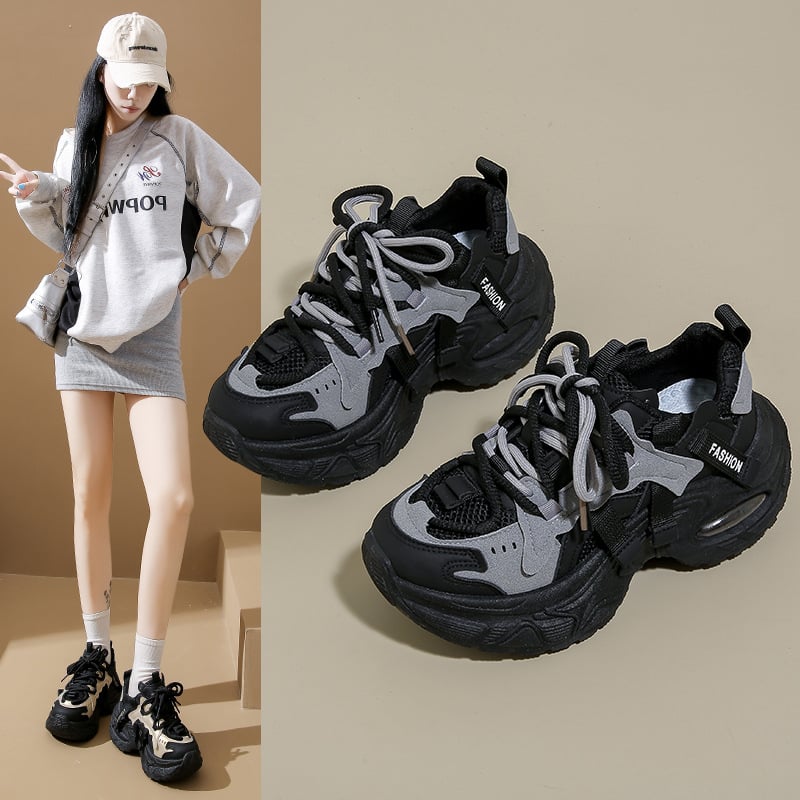 Дамски маратонки с дебела подметка, PU+мрежеста горна част, инжекционно формована подметка от гума, връзки