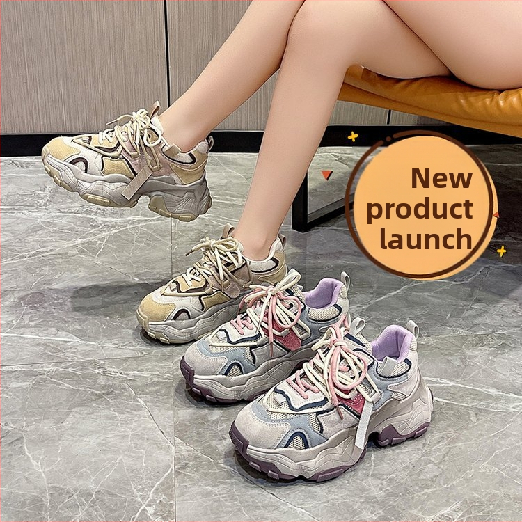 Женски спортно-ежедневни обувки с дишаща микрофибърна горна част, кръгъл нос, предно връзване, гумена подметка, височина на тока 3–5 см