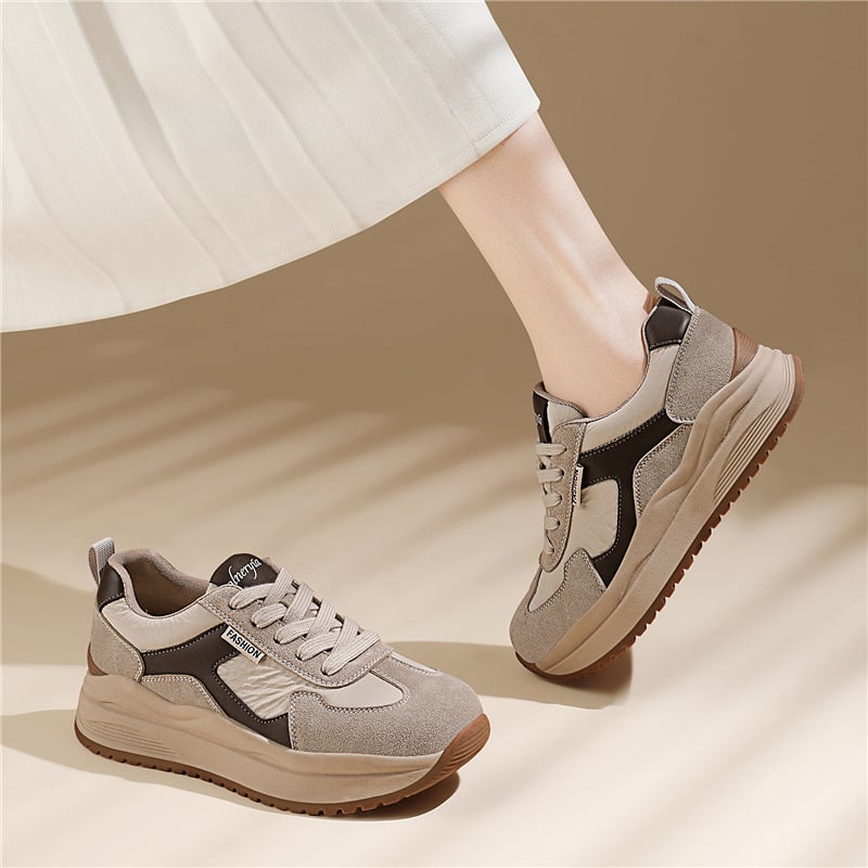 Дамски спортни обувки с дебел под, синтетична кожа, висока горна част, връзки