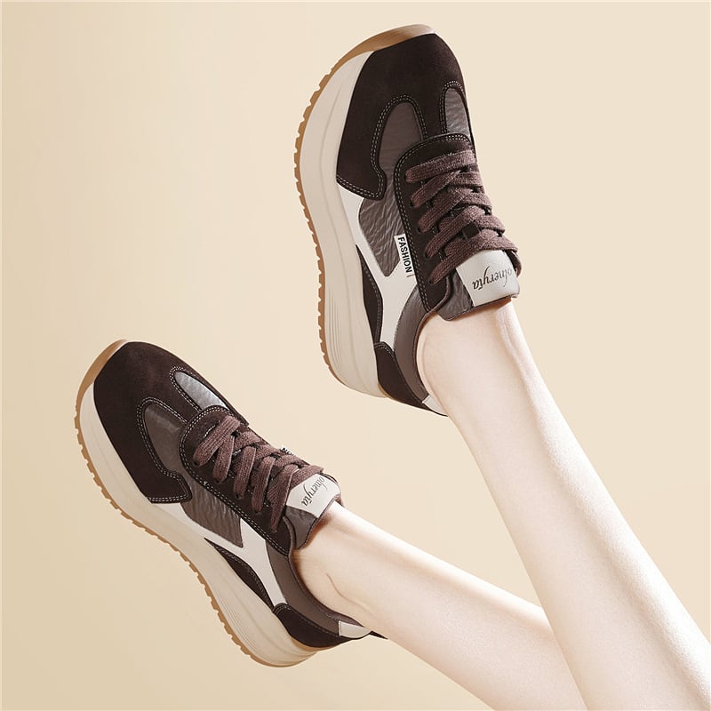 Дамски спортни обувки с дебел под, синтетична кожа, висока горна част, връзки