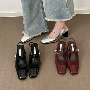 Dámske sandále s štvorcovým nosom a zadným otvorom, PU vrchná časť, gumová podrážka, stredný podpätok 3-6 cm, korejský štýl, zapínanie elastickou páskou, jar 2025