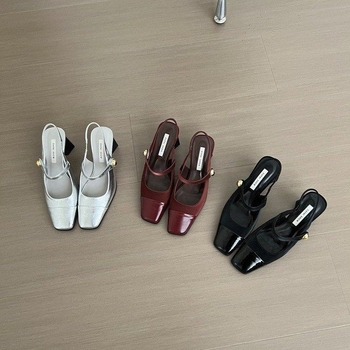 Dámske sandále s štvorcovým nosom a zadným otvorom, PU vrchná časť, gumová podrážka, stredný podpätok 3-6 cm, korejský štýl, zapínanie elastickou páskou, jar 2025