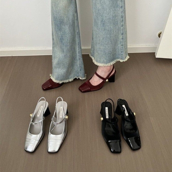 Dámske sandále s štvorcovým nosom a zadným otvorom, PU vrchná časť, gumová podrážka, stredný podpätok 3-6 cm, korejský štýl, zapínanie elastickou páskou, jar 2025