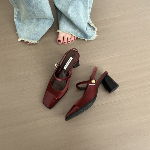 Dámske sandále s štvorcovým nosom a zadným otvorom, PU vrchná časť, gumová podrážka, stredný podpätok 3-6 cm, korejský štýl, zapínanie elastickou páskou, jar 2025