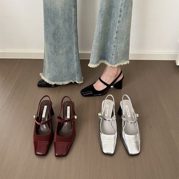 Dámske sandále s štvorcovým nosom a zadným otvorom, PU vrchná časť, gumová podrážka, stredný podpätok 3-6 cm, korejský štýl, zapínanie elastickou páskou, jar 2025