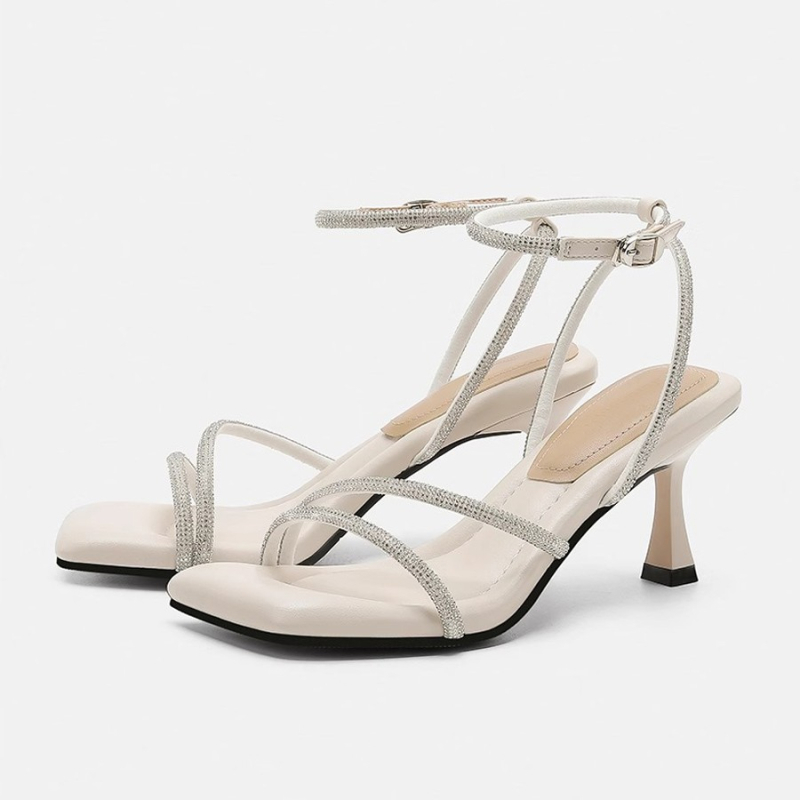 Sandale dama cu toc înalt, bretea unică, vârf pătrat, primăvara 2025, partea superioară și interioară: Super Fiber, talpă: cauciuc