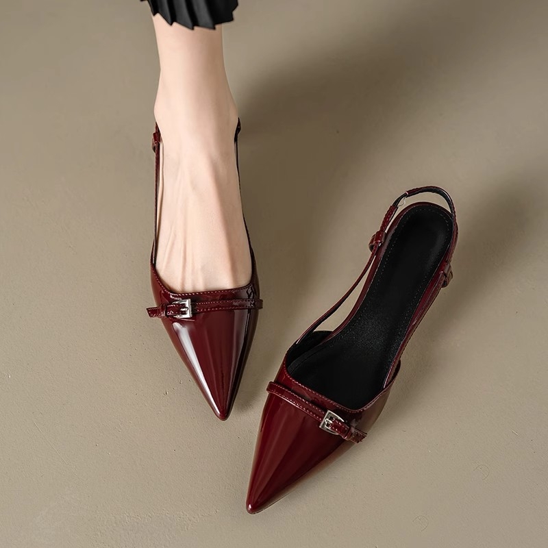 Ženske sandale s uskim remenom i špičastim prstom, vintage stil, PU gornji dio, tanak potpetica 3–6 cm, jedna kopča