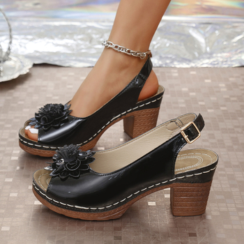 Sandale Fish Mouth cu cataramă, partea superioară PU, căptușeală PU, talpă TPR, toc masiv, primăvară-vară 2025