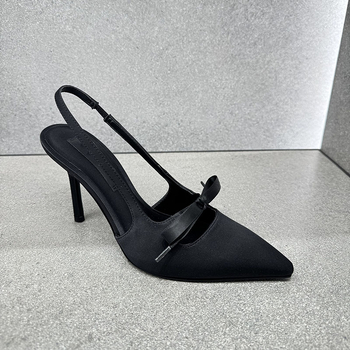 Ženske satenske sandale s mašnicom, 6–8 cm visok pet, špičast nos