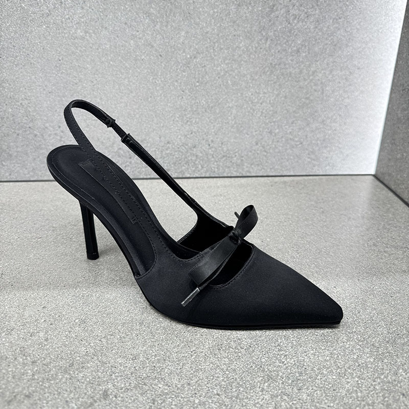 Ženske satenske sandale s mašnicom, 6–8 cm visok pet, špičast nos