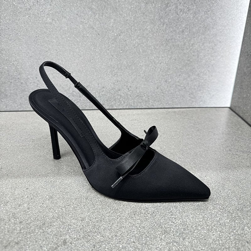 Ženske satenske sandale s mašnicom, 6–8 cm visok pet, špičast nos