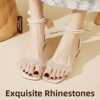 Sandale Pearl Mary Jane cu barete, partea superioară din țesătură nețesută, vârf pătrat, toc gros 3–6 cm, talpă din cauciuc, închidere cu cataramă