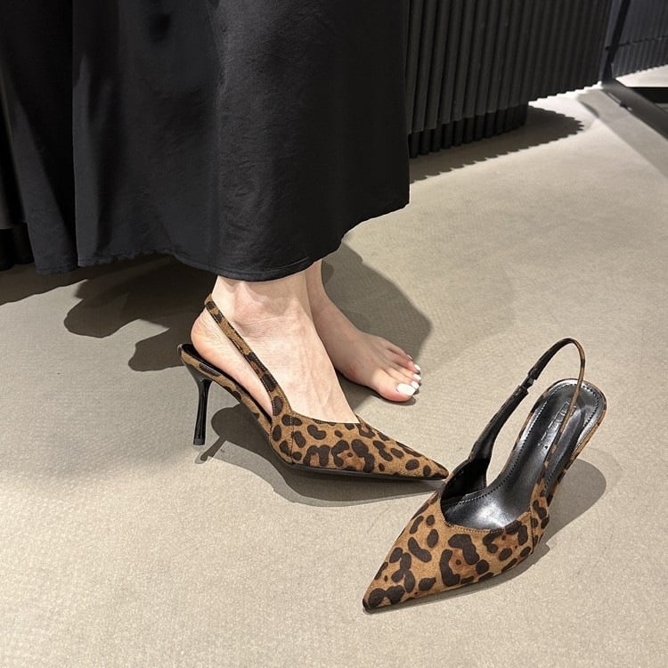 Leopard uzorak sandala s otvorenim prstom i oštrim nosom, gornji materijal: super vlakno, đon od gume, 3–6 cm tanak potpetica, ljeto 2025