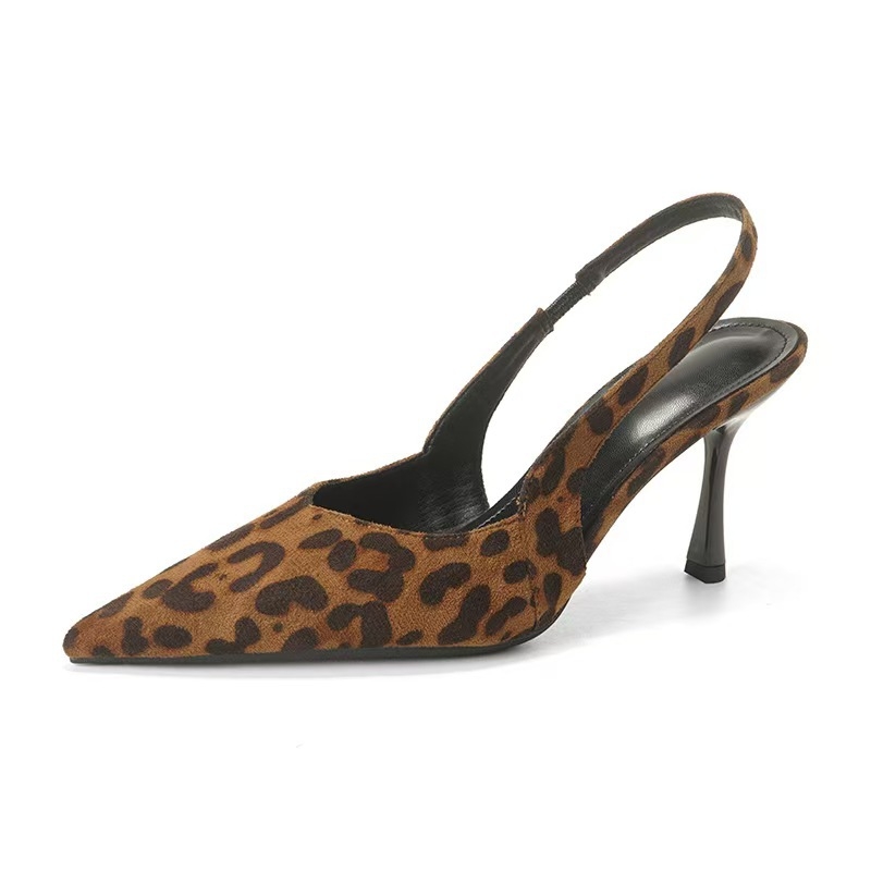 Leopard uzorak sandala s otvorenim prstom i oštrim nosom, gornji materijal: super vlakno, đon od gume, 3–6 cm tanak potpetica, ljeto 2025