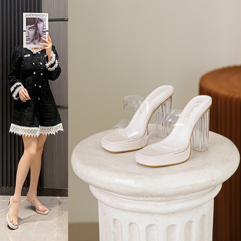 Sandále s remienkami, vršok z mikrovlákna, štvorcový nos, hrubý vysoký podpätok nad 8 cm, gumová podrážka