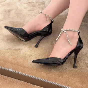 Stiletto sandale s rhinestones, jednostruki remen, špičat nos, proljeće 2025