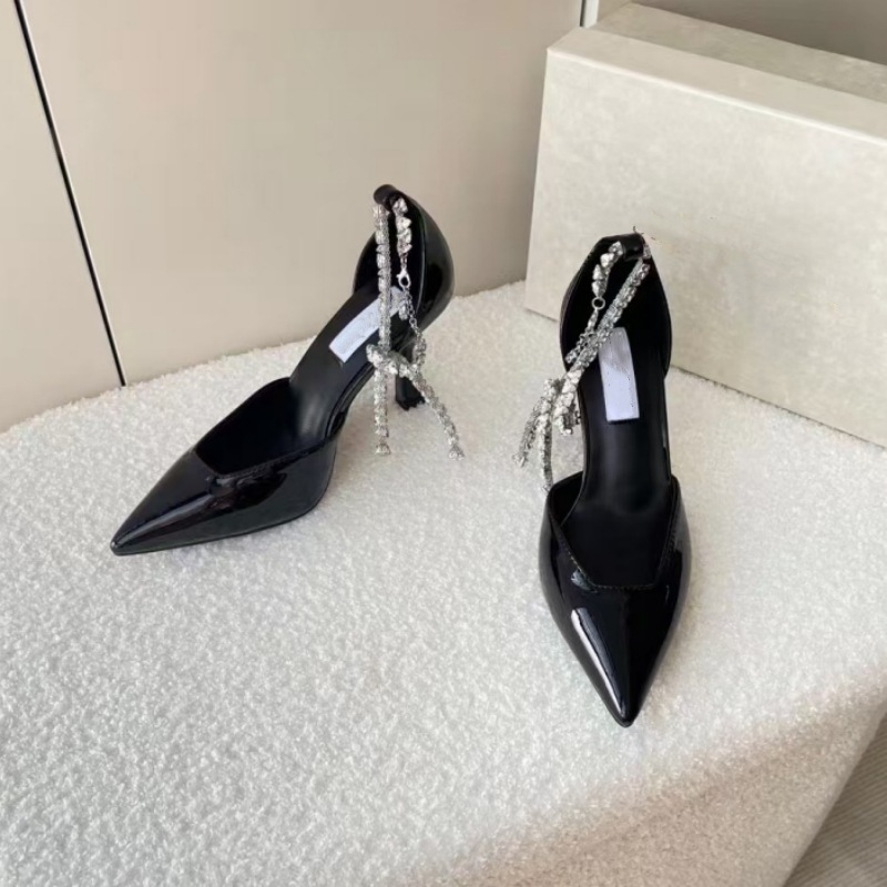 Stiletto sandale s rhinestones, jednostruki remen, špičat nos, proljeće 2025