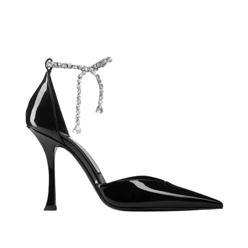 Stiletto sandale s rhinestones, jednostruki remen, špičat nos, proljeće 2025