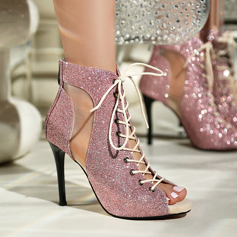 Pántos szandál hal formájú orr, PU felső része, elöl kötős dizájn, stiletto sarok 8 cm felett, egyszerű stílus