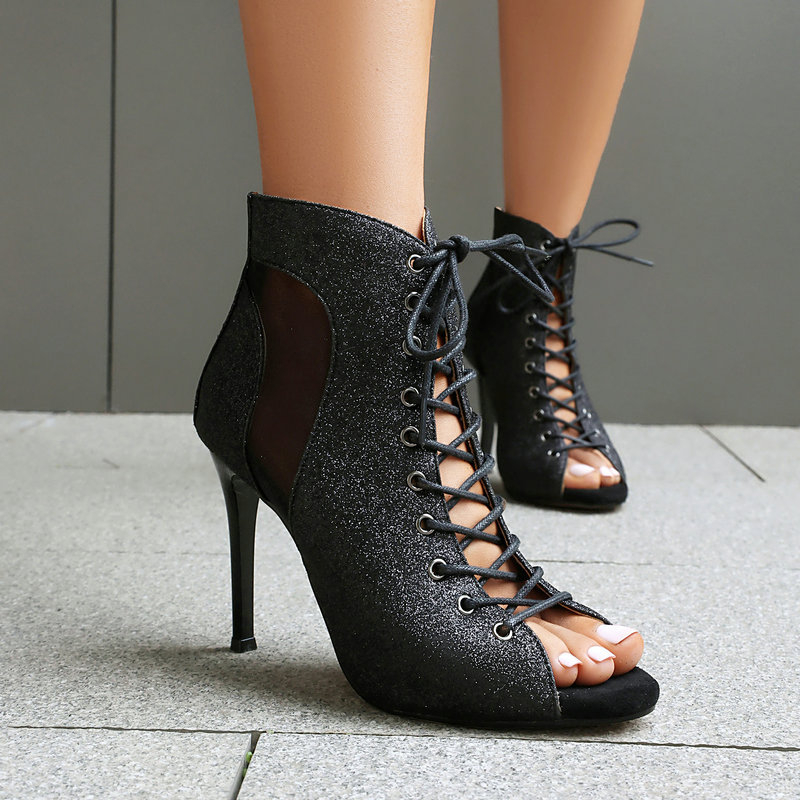 Pántos szandál hal formájú orr, PU felső része, elöl kötős dizájn, stiletto sarok 8 cm felett, egyszerű stílus