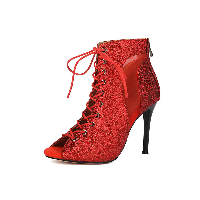 Pántos szandál hal formájú orr, PU felső része, elöl kötős dizájn, stiletto sarok 8 cm felett, egyszerű stílus