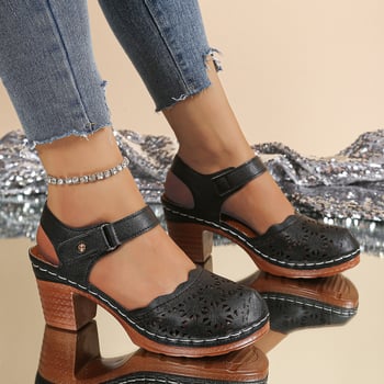 Rimske sandale s debelim 6–8 cm petom, okrugla nosna točka, Velcro zatvarač, PU gornji dio, gumena potplata