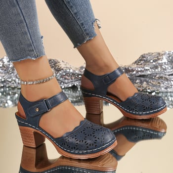 Rimske sandale s debelim 6–8 cm petom, okrugla nosna točka, Velcro zatvarač, PU gornji dio, gumena potplata
