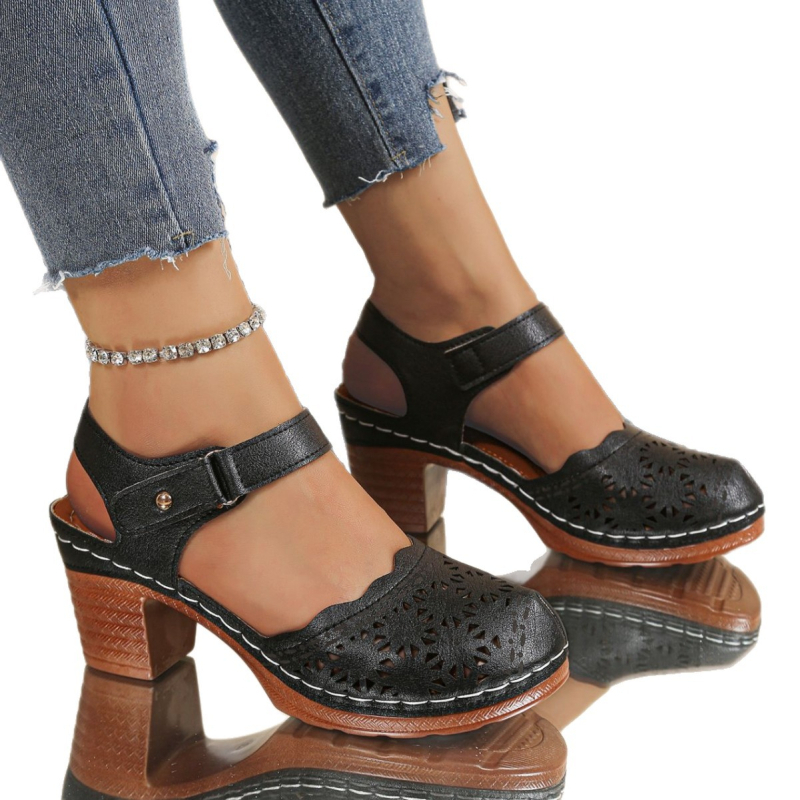 Rimske sandale s debelim 6–8 cm petom, okrugla nosna točka, Velcro zatvarač, PU gornji dio, gumena potplata