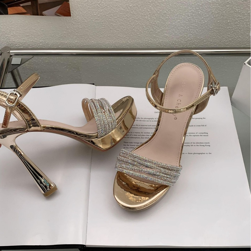 Sandale s jednim remenom i rhinestone, visoke pete, okrugli vrh prsta, potpetica u obliku potkape, 8 cm+ visina, proljeće 2025, Lover&Cherry