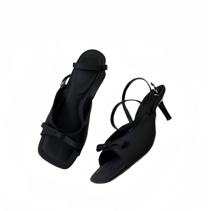 Sandale cu bretele din satin, vârf pătrat, toc subțire, înălțime toc 3-6 cm