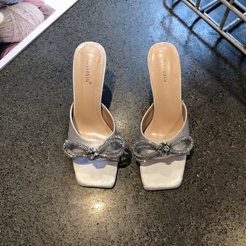 Ženske sandale s rhinestones i satenskom mašnicom — kvadratni nos, tanak pet, PU gornji materijal, PU unutarnji materijal, gumeni potplat