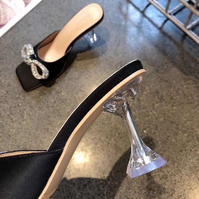 Ženske sandale s rhinestones i satenskom mašnicom — kvadratni nos, tanak pet, PU gornji materijal, PU unutarnji materijal, gumeni potplat