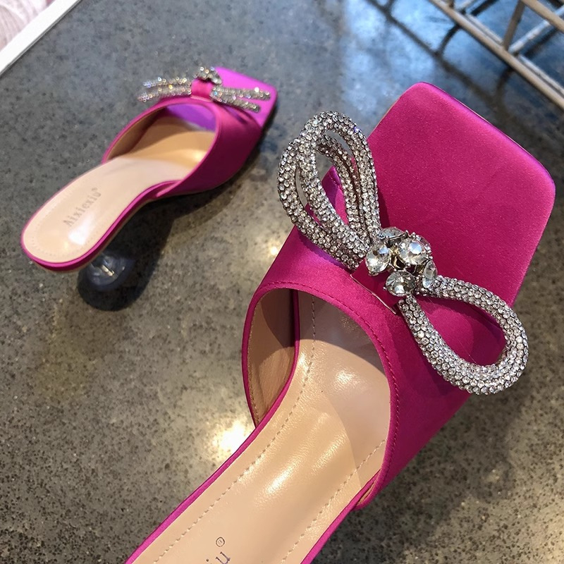 Ženske sandale s rhinestones i satenskom mašnicom — kvadratni nos, tanak pet, PU gornji materijal, PU unutarnji materijal, gumeni potplat