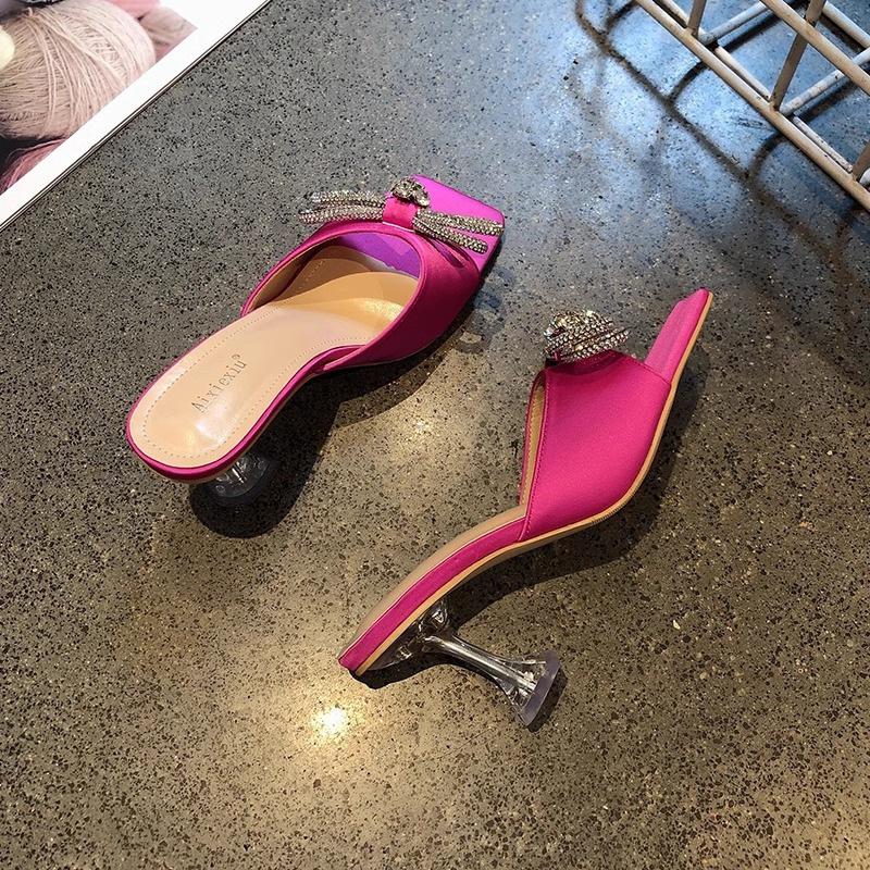 Ženske sandale s rhinestones i satenskom mašnicom — kvadratni nos, tanak pet, PU gornji materijal, PU unutarnji materijal, gumeni potplat